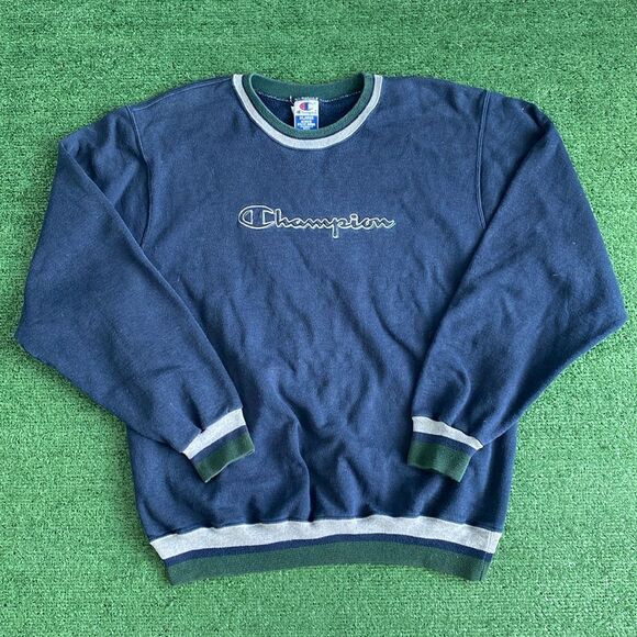 Champion Other - VINTAGE 90s CHAMPION EMBROIDERED LOGO PULLOVER RINGER SWEATSHIRT BLUE MENS XL